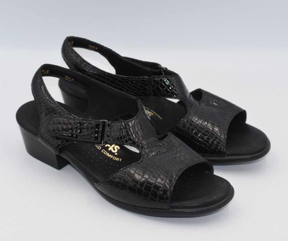 SAS Suntimer Tripad Comfort Croc Print Sandals Women's 7.5 N Black Kitten Heel